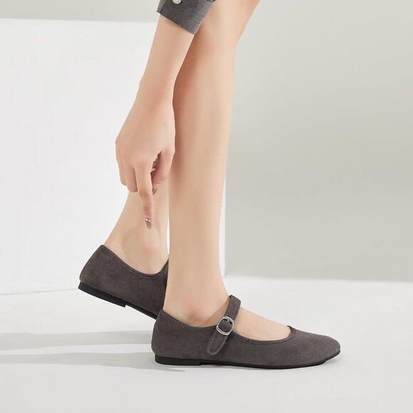 Babudog Womens Grey Faux Suede Rounded Toe Ankle Strap With Buckle Flats - Picture 4 of 9